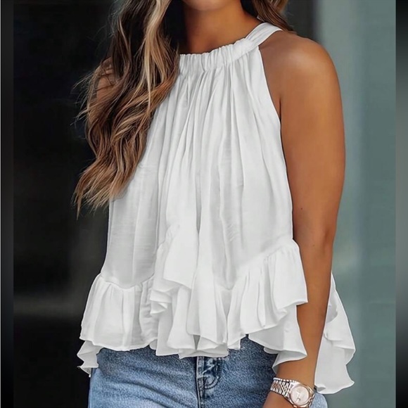 Boho White Ruffle Halter Top Blouse Shirt - Picture 1 of 5